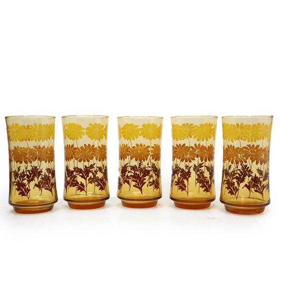 Vintage Libbey Amber Glass Daisy Drinking Glasses Cups 70s Yellow Brown x 5 - Picture 6 of 11